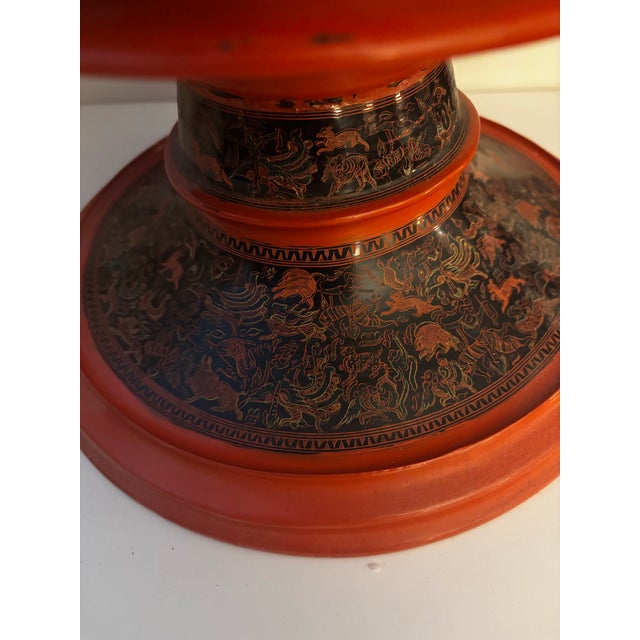 Red Antique Burmese Hsun-Ok Buddhist Offering Vessel With Hand-Incised Yun Lacquer Decoration, Late 19th–Early 20th Century For Sale - Image 8 of 12
