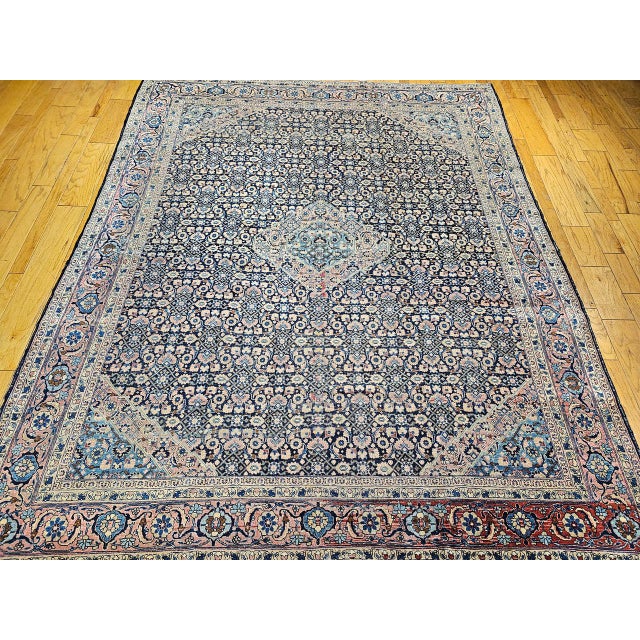 Antique Persian Tabriz Mahi Rug, Hand-Knotted Wool, Herati Geometric Pattern, Navy & Pale Red, 9x12 For Sale - Image 15 of 15