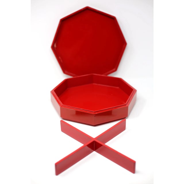 Wood Vintage Octagonal Red and Black Lacquered Box With Mother of Pearl Inlay For Sale - Image 7 of 13