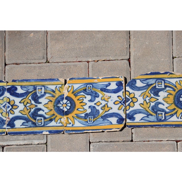 17th Century Portuguese Floral Border Tiles Set of 10 Blue, Yellow & White Antique For Sale - Image 4 of 12