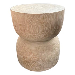 Round Teak Wood Side Table, Bleached Finish, Layered Design, Modern Organic For Sale