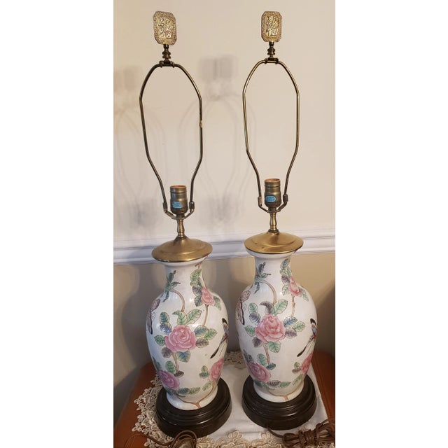 Antique Jar Style Asian Porcelain Lamps with wood base. Original harp and finials. Very good condition. Amazing enameled...
