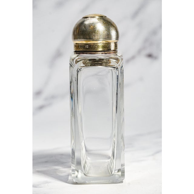 Unusual English Crystal Antique Scent Perfume Cologne Bottle Sterling Silver Engine Turned Lid Victorian Luxury Home Decor For Sale - Image 10 of 11