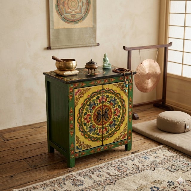Tibetan Style Green Floral Mandala Graphic End Table Nightstand For Sale - Image 10 of 10