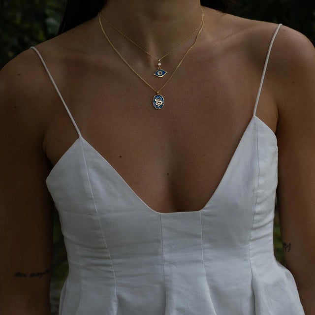 Metal Guardian Snake Blue Enamel Gold Necklace For Sale - Image 7 of 10