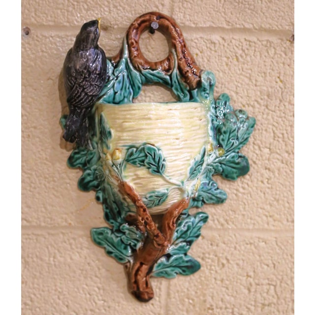 19th Century French Barbotine Wall Pocket With Bird Motif and Oak Leaves For Sale In Dallas - Image 6 of 12