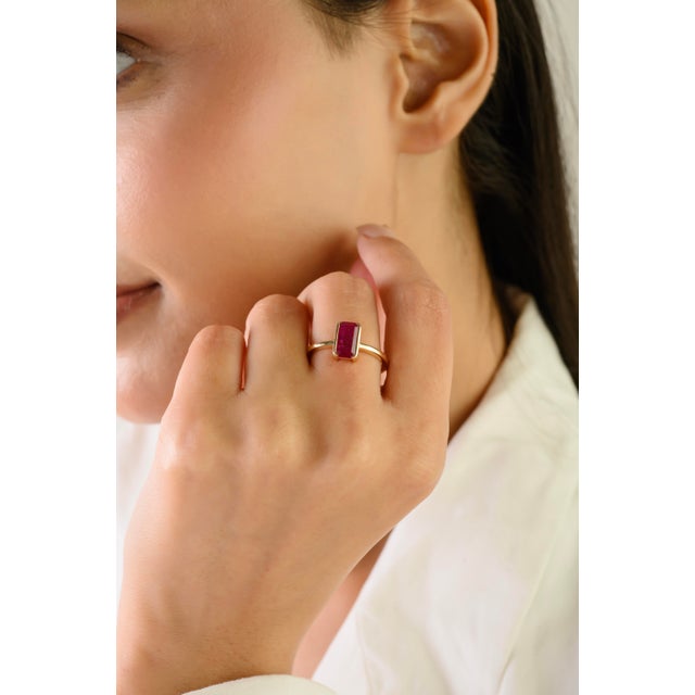 Early 21st Century Modern Emerald Cut 1.38Ct Ruby Bezel Solitaire Ring in 14k Yellow Gold Size 6 For Sale - Image 5 of 15