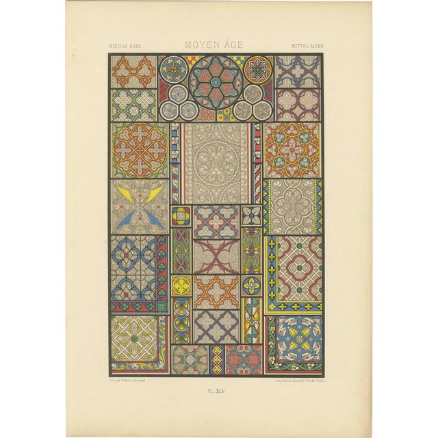 After Racinet, Medieval Floor Tile Patterns Middle Ages Decorative Motifs, Plate XLV, 1869, Print For Sale