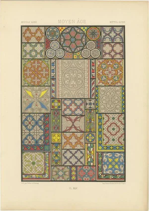 After Racinet, Medieval Floor Tile Patterns Middle Ages Decorative Motifs, Plate XLV, 1869, Print