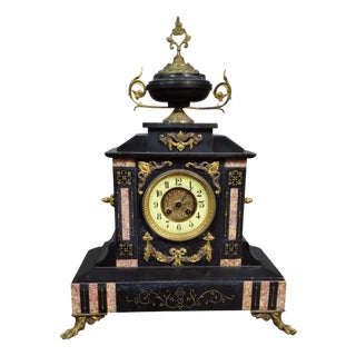 Large Richly Ornamented Notarys Clock in Black Marble and Gilt Bronze For Sale