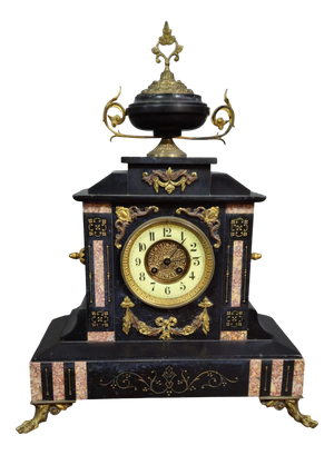 Large Richly Ornamented Notarys Clock in Black Marble and Gilt Bronze