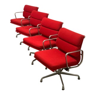 Red Eames Aluminum Group Soft Pad Chairs - Set of 4 For Sale
