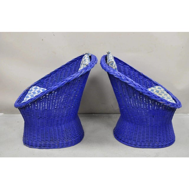 Mid-Century Modern Vintage Mid Century Modern Blue Painted Wicker Rattan Pod Club Chairs - A Pair For Sale - Image 3 of 12