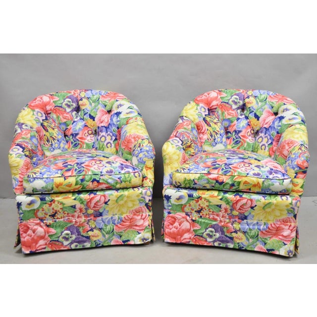 Hollywood Regency Vintage English Regency Floral Chintz Tufted Rolled Arm Club Lounge Chair - Pair For Sale - Image 3 of 12