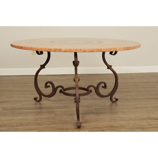 Tuscan Style Iron Scroll Base Round Marble Top Dining Table For Sale - Image 4 of 12