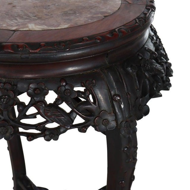 Brown Antique Chinese Floral Carved Rosewood Rouge Marble Top Stand C1910 For Sale - Image 8 of 9
