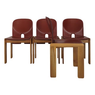 Leather Wood Dining Chairs Model 121 by Afra & Tobia Scarpa, Italy, 1980s, Set of 4 For Sale