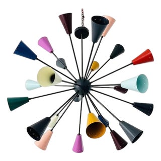 Mid Century Modern Multicolor Sputnik Chandelier, Large Colorful Cone Shade Pendant Light, Stilnovo Style Ceiling Fixture For Sale
