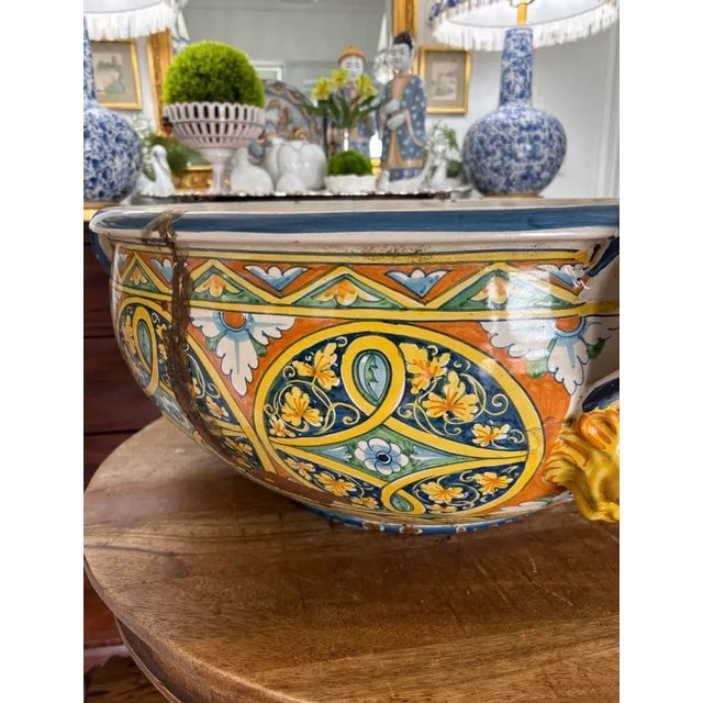 Early 20th Century Enormous Tuscan Over Sized Early Twentieth Century Hand Painted Sicilian Italian Centerpiece Planter With Lionhead Handles Italy For Sale - Image 9 of 11