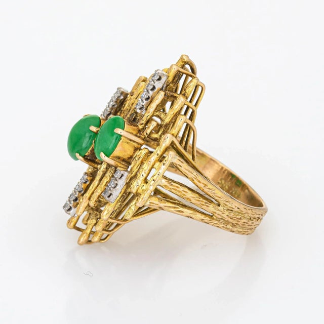 70s Abstract Jade Diamond Ring 14k Yellow Gold Cocktail Fine Jewellery Sz 5.5 For Sale - Image 4 of 7