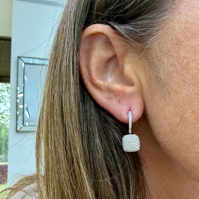 Silver Ladies 14k White Gold 1.11ctw Round Diamond Square Pave Cluster Dangle Earrings, A Pair For Sale - Image 8 of 8