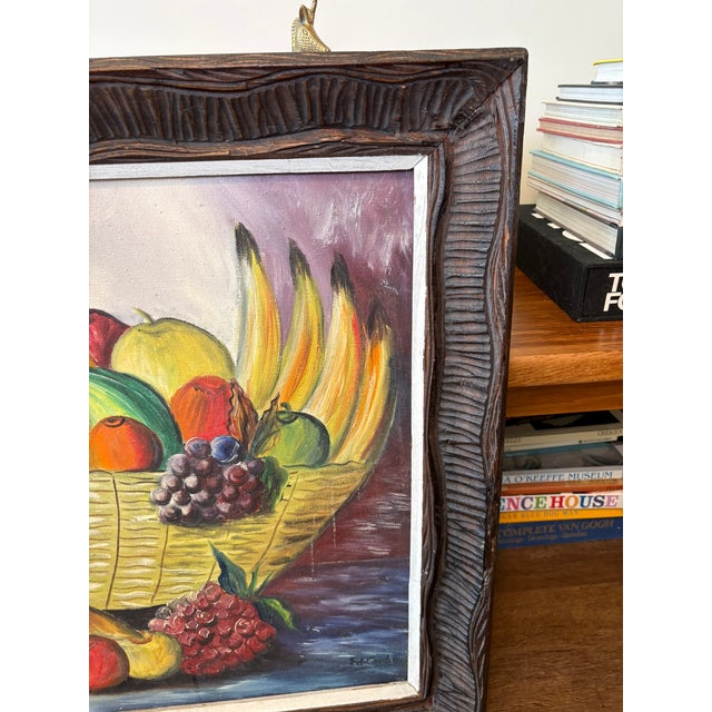 Rustic Vintage Original & Signed Tropical Fruit Still Life Oil Painting in Hand Carved Wood Frame For Sale - Image 3 of 14