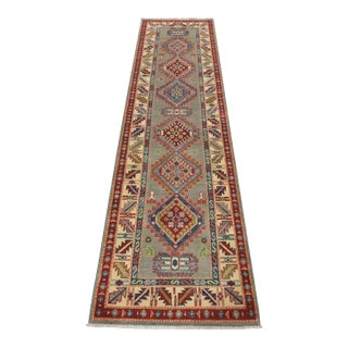 Kazak Runner 2’8” X 9’8” Gray Wool Tribal Hand-Knotted Oriental Rug For Sale