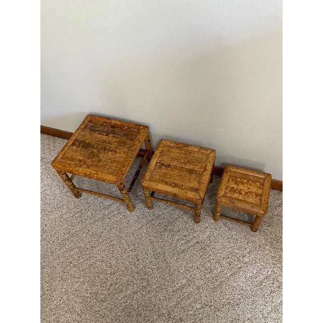 Vintage Burnt Bamboo Nesting Plant Stands / Tables - Set of 3 For Sale - Image 9 of 12