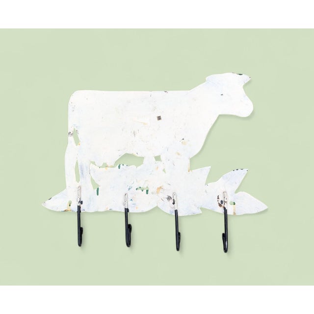Late 20th Century Vintage Folk Art Tole Metal Cow Wall Hooks Key Holder For Sale - Image 5 of 11