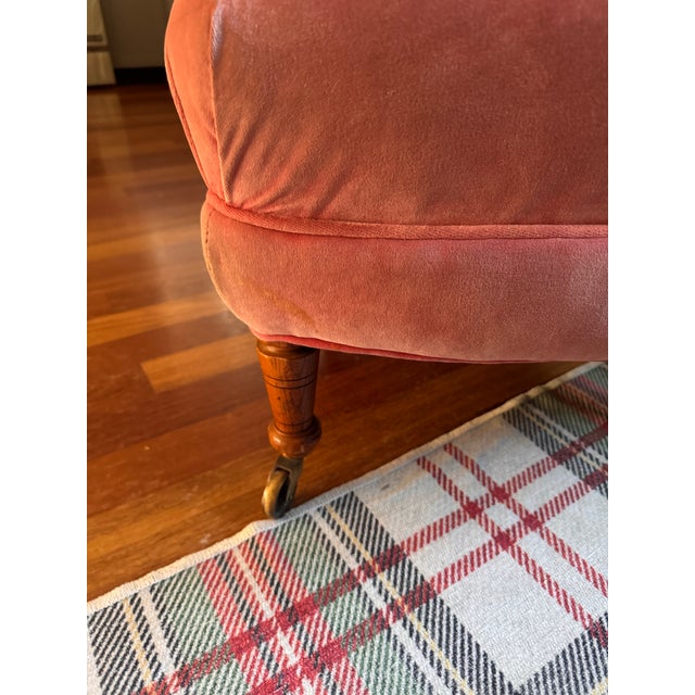 French Vintage Pink Velvet Slipper Chair Features a Rounded Back and Mahogany Legs With Casters, Similar Style to French Louis XVI Accent Seating For Sale - Image 3 of 6