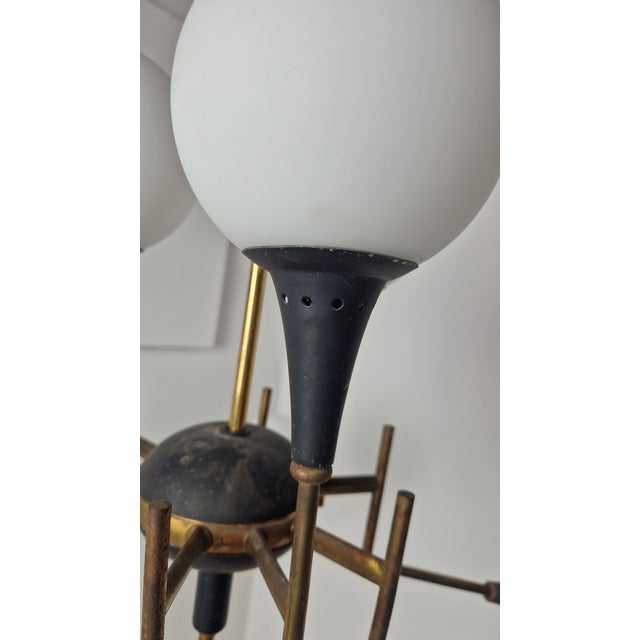Metal Twelve-Light Brass Chandelier with Opaline Spheres from Stilnovo, 1950s For Sale - Image 7 of 16