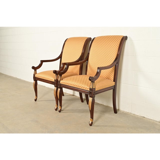 Baker Furniture Style Regency Carved Mahogany and Gold Gilt Armchairs, Pair For Sale - Image 13 of 13