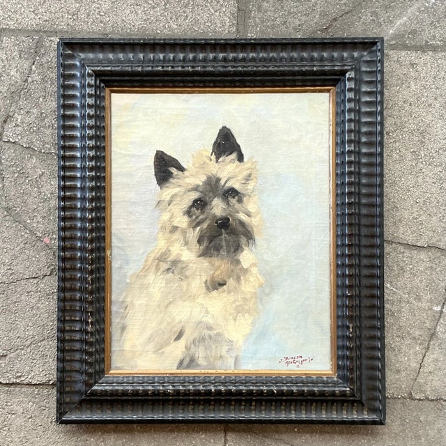 Traditional Vintage Boho Original Dog Portrait on Canvas For Sale - Image 3 of 12