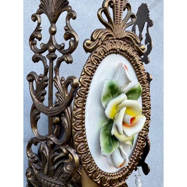 Italian Brass Wall Sconces with Porcelain Roses and Crystal Drops, 1950s, 1920s, Set of 2 For Sale - Image 11 of 16