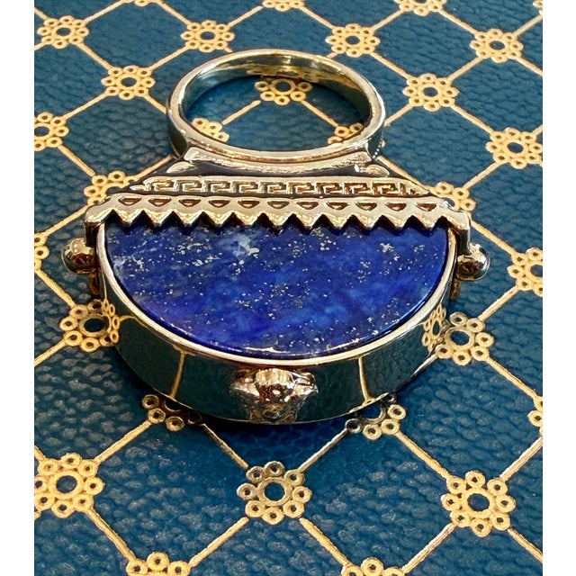 Versace Retro Versace Lapis Lazuli Domed Ring With Medusa Logo and Greek Key Detail, Size 8 For Sale - Image 4 of 17