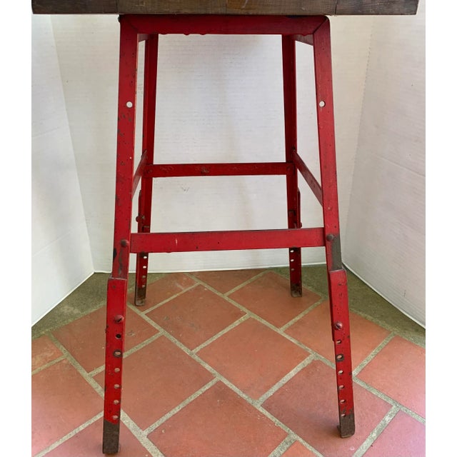 Red Vintage Industrial Oak Wood and Red Steel Stool For Sale - Image 8 of 12