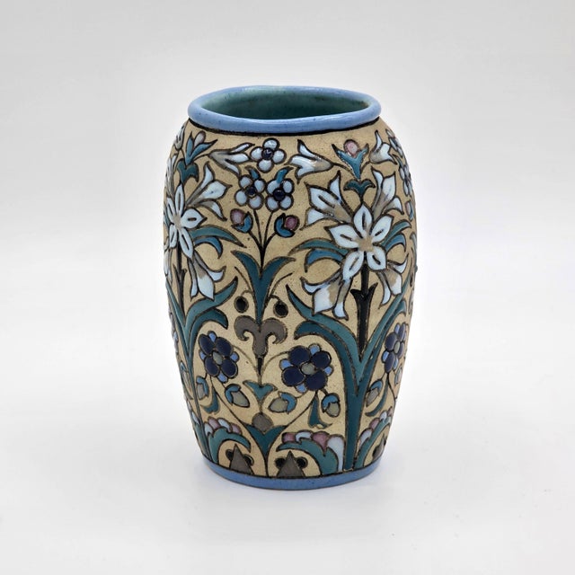 Traditional Signed Aguado Toledo Spanish Ceramic Floral Relief Vase For Sale - Image 3 of 8
