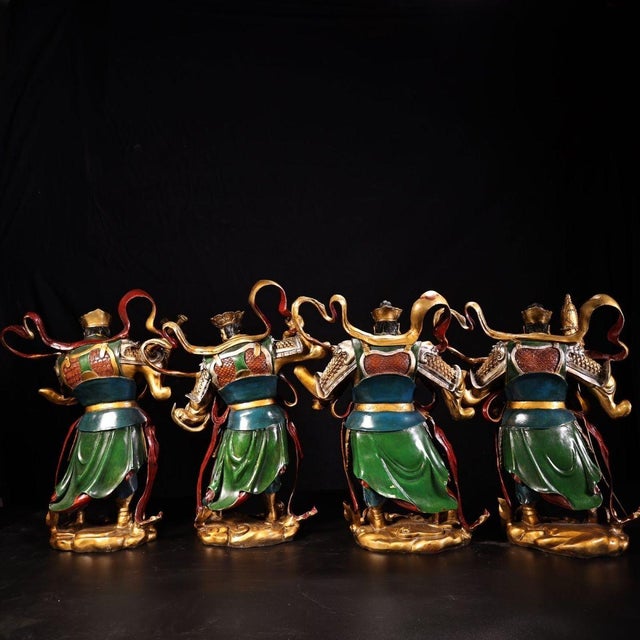 Set of 4 Gilt Bronze Guardian King Statues With Polychrome Enamel For Sale - Image 4 of 9