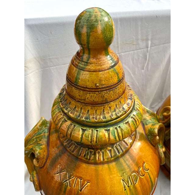 Mid 20th Century Pair of Italian Yellow and Green Earthenware Glazed Urns with Removable Lids For Sale - Image 5 of 5