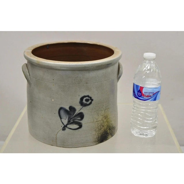 Antique Stoneware Salt Glazed 9" Round Pottery Crock Pot With Blue Flower For Sale - Image 10 of 11