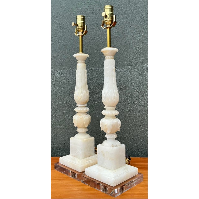 Hollywood Regency Vintage Carved Stone Column Lamp - A Pair For Sale - Image 3 of 12