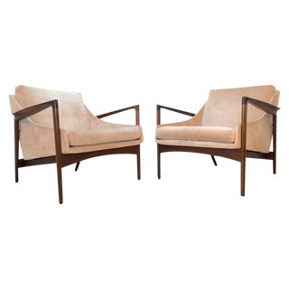 Ib Kofod-Larsen Walnut & Mohair Chairs - A Pair For Sale