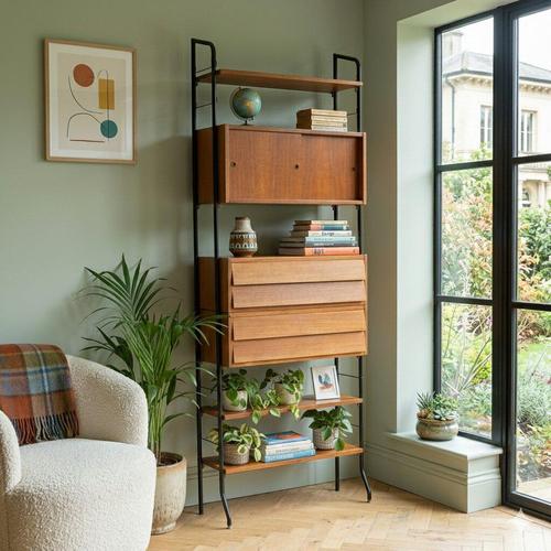 Vintage Italian-made bookcase with enameled metal uprights, storage compartments with sliding doors, shelves and drawers...