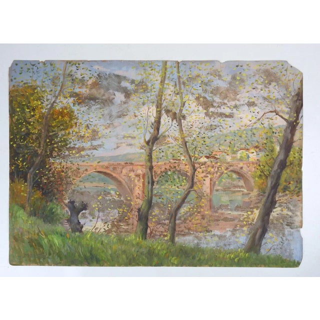 Paper Late 19th Century French River Bridge Landscape Painting For Sale - Image 7 of 7