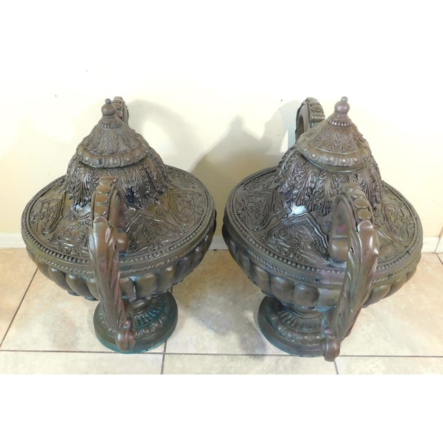 Bronze Pair Antique Bronze Urn Garden Statues For Sale - Image 8 of 12