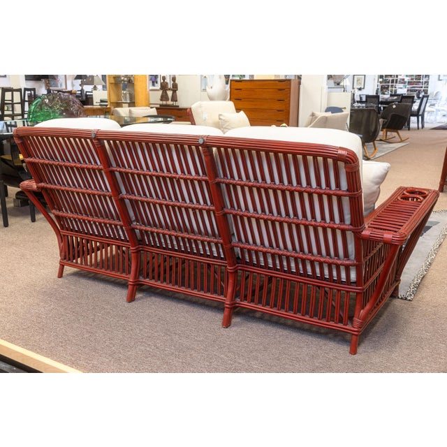 White Vintage Palecek President's Sofa Red Rattan White Cushions Patio Sofa For Sale - Image 8 of 8