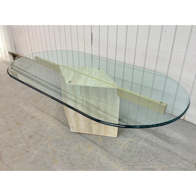 Postmodern Post Modern Travertine Glass Top Coffee Table For Sale - Image 3 of 7