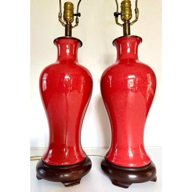 Hollywood Regency Pair of Vintage Oxblood Red Glazed Ceramic Table Lamps With Brass Hardware For Sale - Image 3 of 11