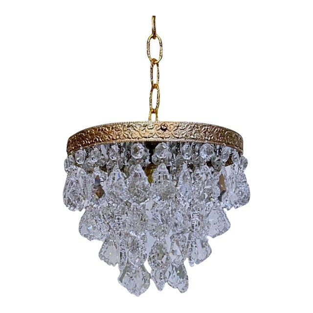 Vintage Hollywood Regency Floral Embossed Brass French Crystal Basket Chandelier For Sale