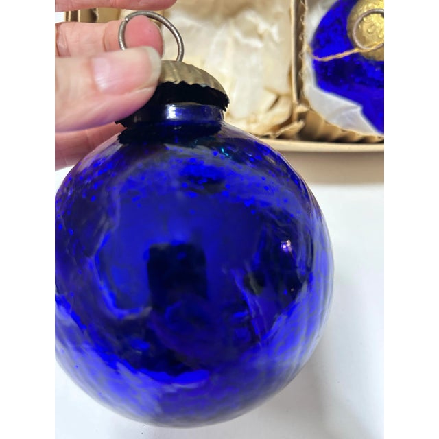 Vintage Large Kugel Style Mercury Glass Christmas Ornaments – Blue Teal Tones – Set of 6 For Sale - Image 4 of 12